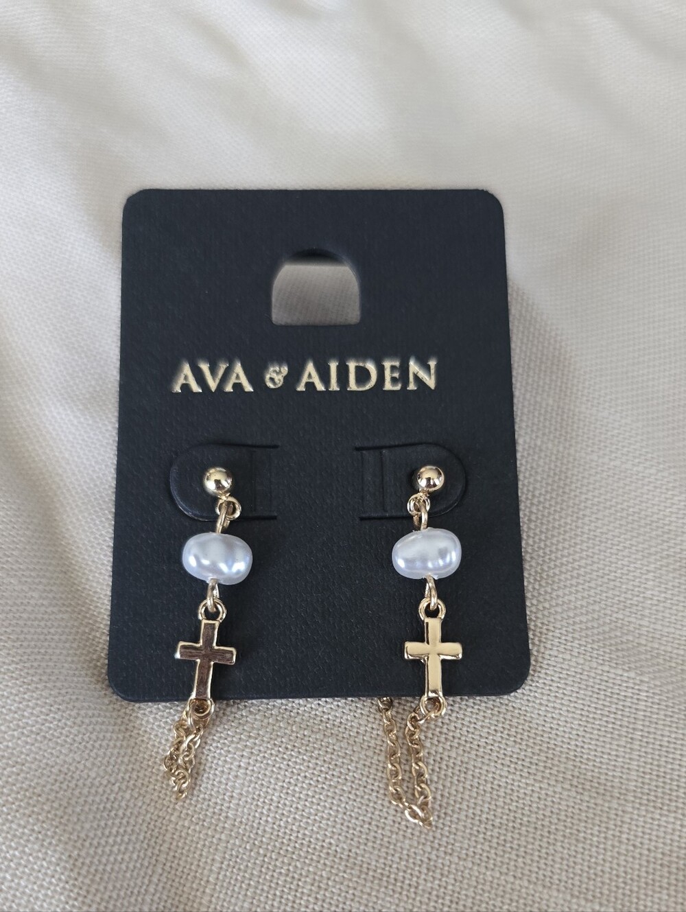 Ava & Aiden Gold Tone Cross Earrings with Pearl Accent